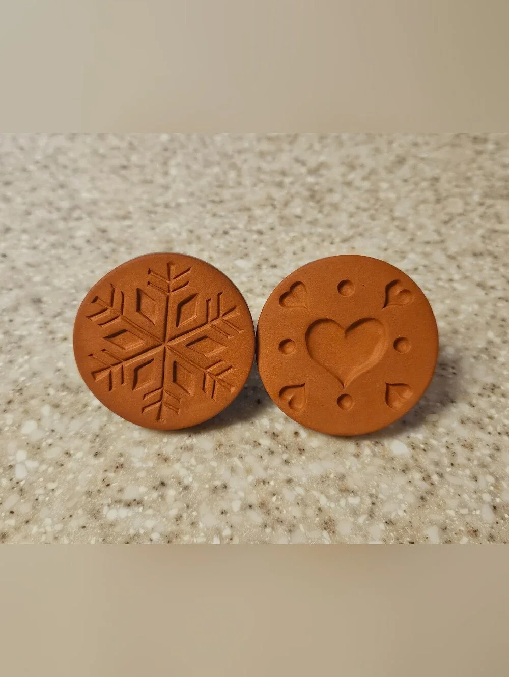2 Vintage Rycraft Ceramic & Terra Cotta Cookie Stamps, Snowflake & Hearts